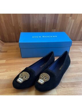 Jack Rogers Black Suede Pirate Skull Beaded Loafer Flats. Size 8.5
